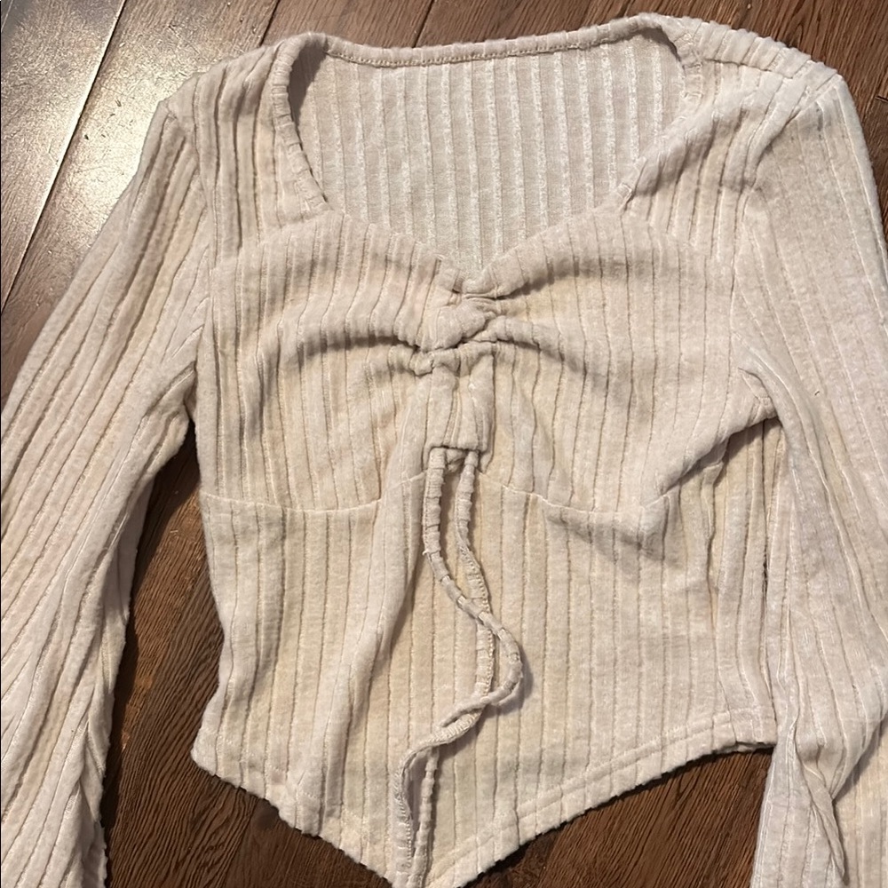 Cream Ribbed Long Sleeve Top